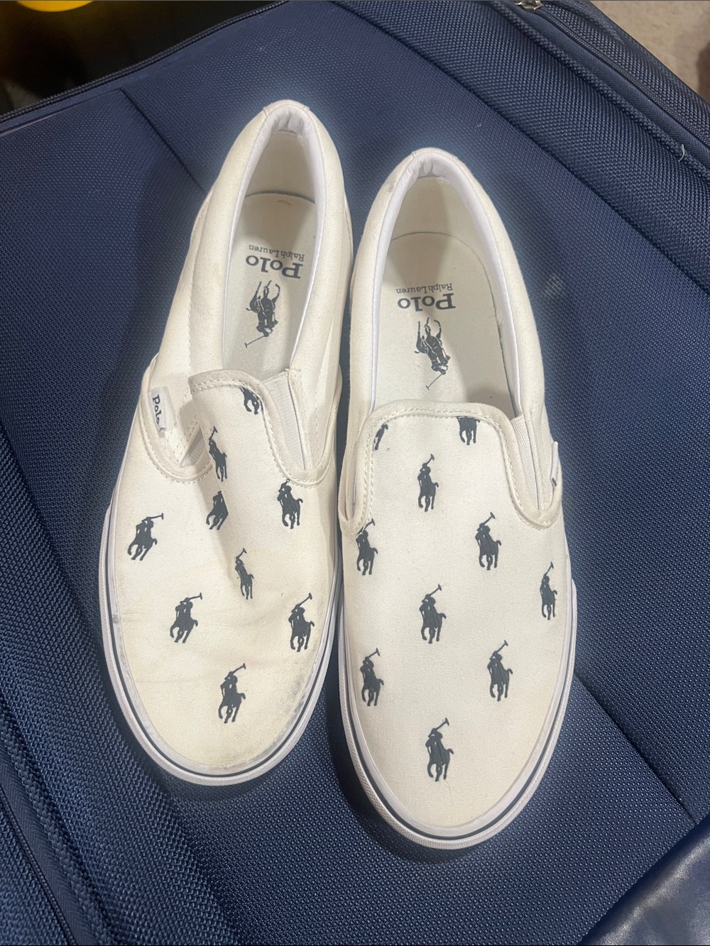 Polo by Ralph Lauren White Canvas Slip-On Shoes with Navy Pony Print